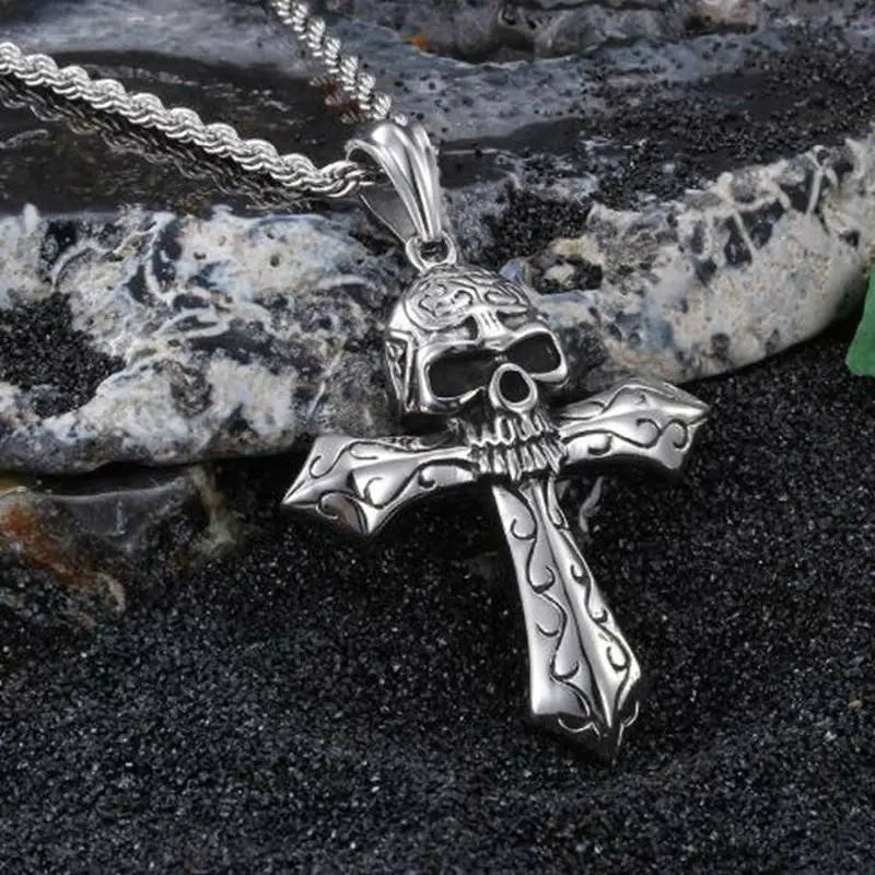 Gothic Knight Skull Cross Pendant Rope Necklace