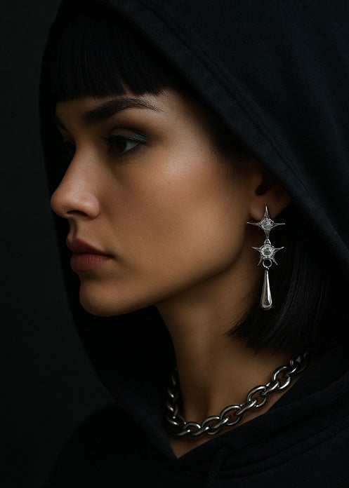 Needle Star Cross Earrings with S925 Silver and Diamonds