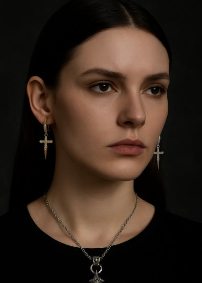 Ice Cross Earrings with Butterfly and Moon Design