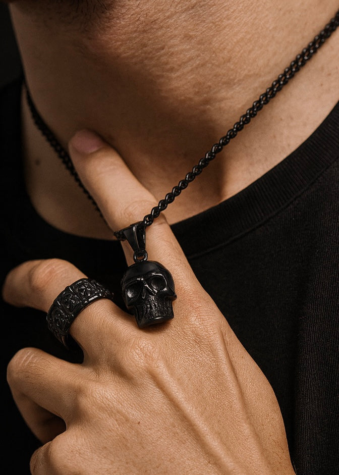 Obsidian Black Skull Band Ring