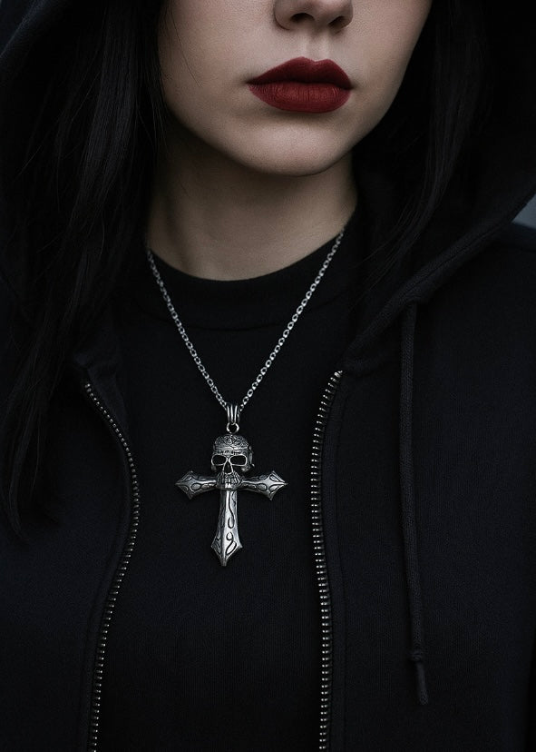 Gothic Knight Skull Cross Pendant Rope Necklace