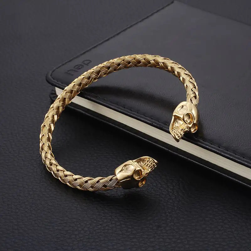 Braided Gold Skull Cuff Bracelet