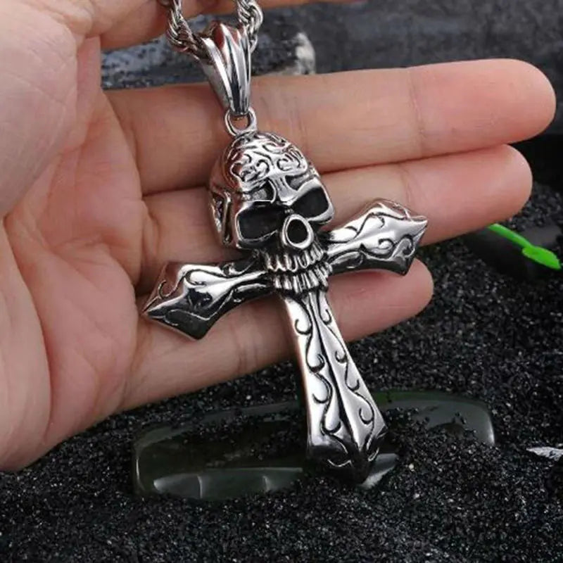 Gothic Knight Skull Cross Pendant Rope Necklace