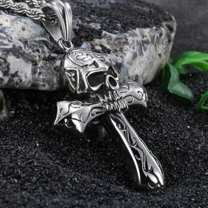 Gothic Knight Skull Cross Pendant Rope Necklace