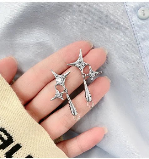 Needle Star Cross Earrings with S925 Silver and Diamonds